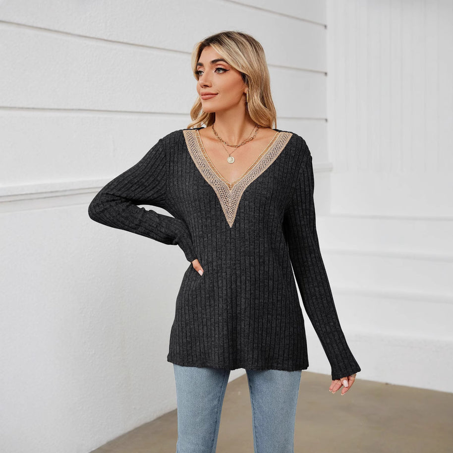 Damen Strickpullover mit V-Ausschnitt und romantischer Spitze WW