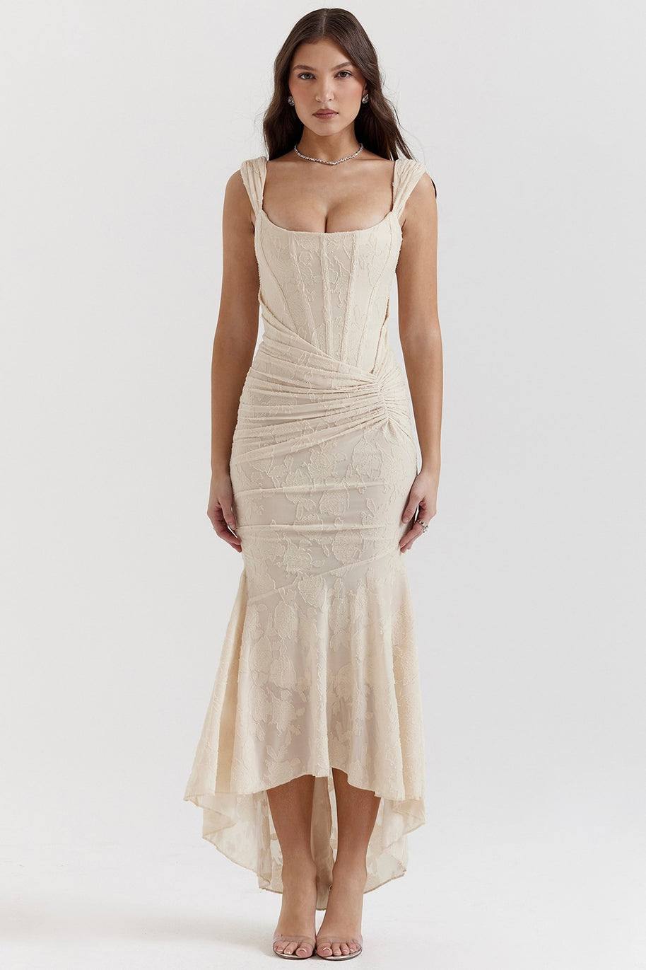 Damen Elegantes Maxikleid mit floralem Relief und asymmetrischem Saum WW