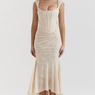 Damen Elegantes Maxikleid mit floralem Relief und asymmetrischem Saum WW
