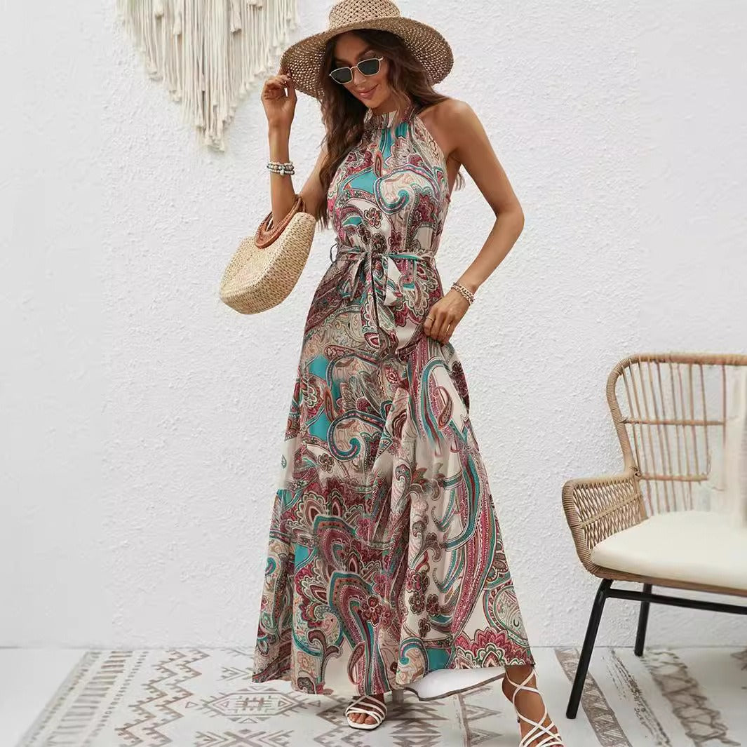 Damen Maxikleid im Boho-Stil mit elegantem Halterneck und seitlichem Bindegürtel WW