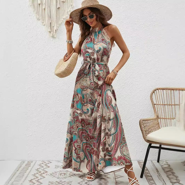 Damen Maxikleid im Boho-Stil mit elegantem Halterneck und seitlichem Bindegürtel W&W Mode