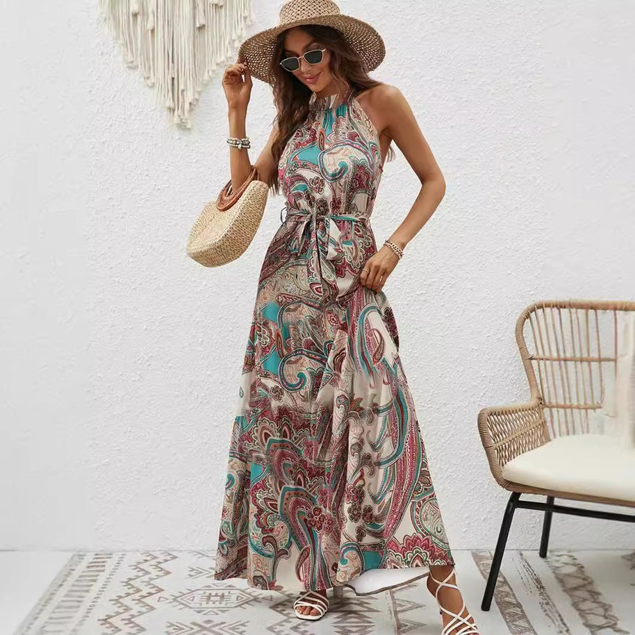 Damen Maxikleid im Boho-Stil mit elegantem Halterneck und seitlichem Bindegürtel WW