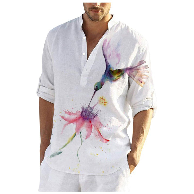 Herren Leinenhemd mit einzigartigem Federdesign und modischem Henley-Ausschnitt WW