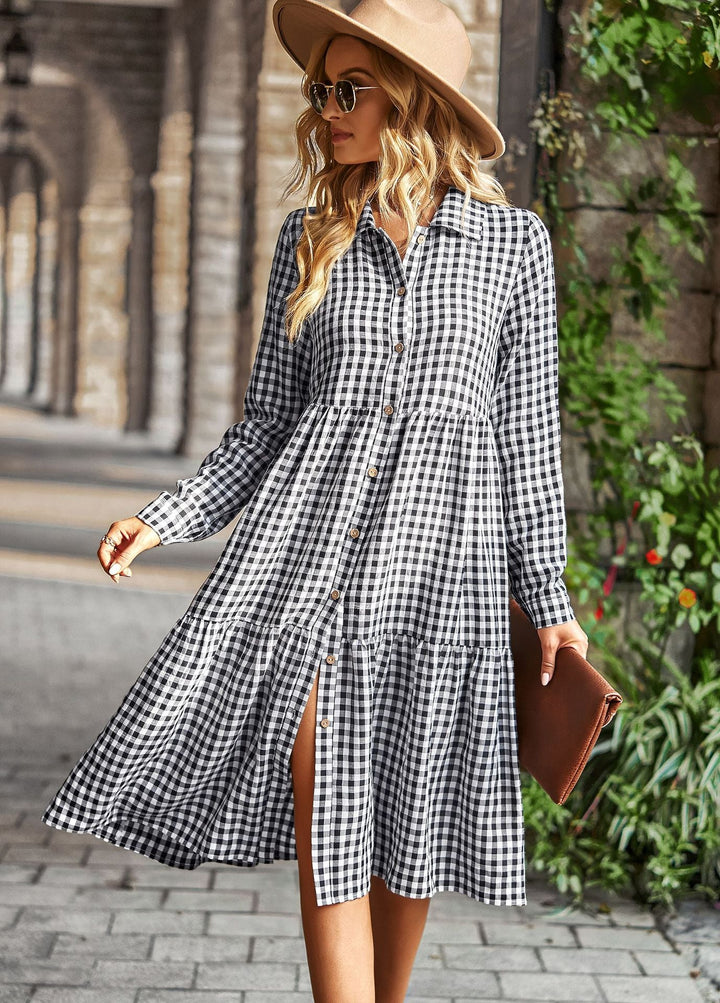 Damen karierte Midi-Bluse mit Knopfleiste und ausgestelltem Rock W&W Mode