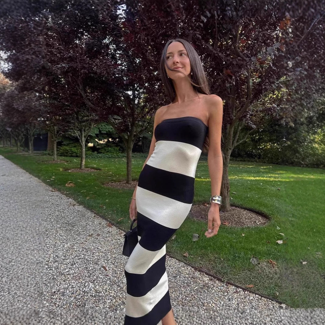 Damen schickes Bandeau-Maxikleid mit grafischem Streifenmuster und figurbetontem Schnitt WW