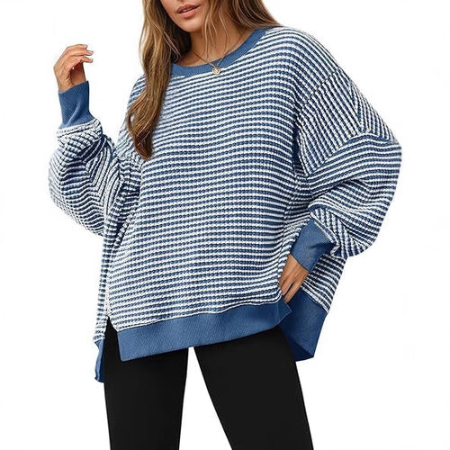 Damen lässiger gestreifter Oversized Pullover WW