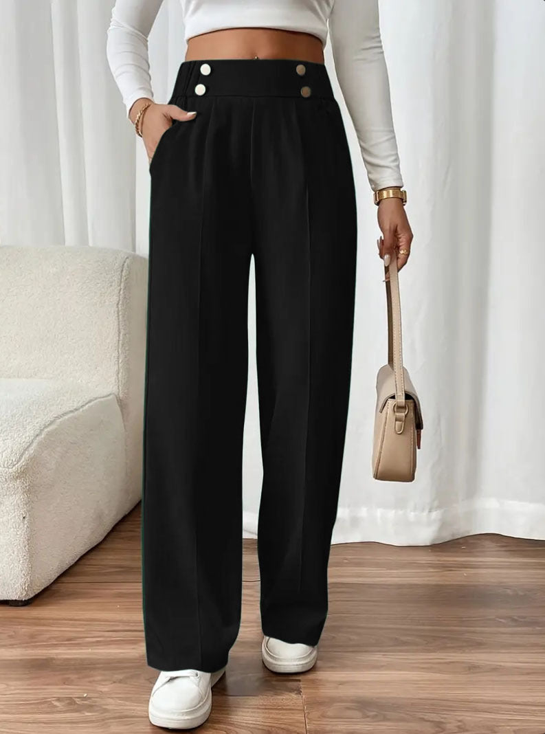 Damen weite High-Waist Hose mit eleganten Knopfdetails WW
