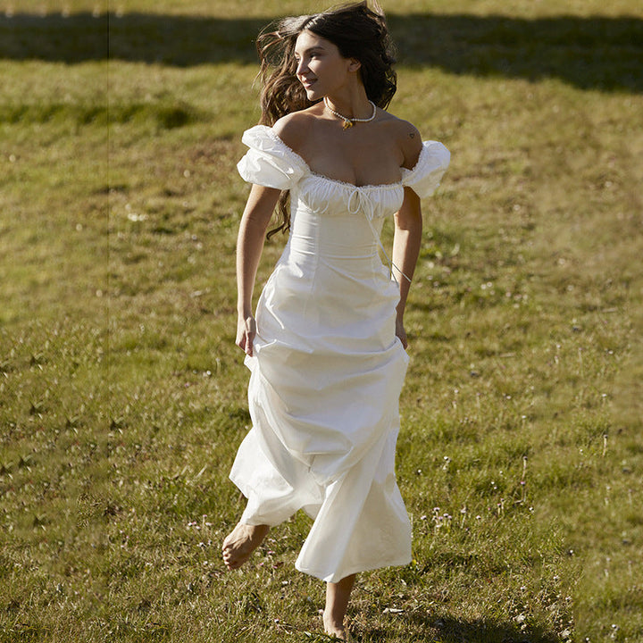 Damen Maxikleid mit Puffärmeln und romantischem Rüschendetail W&W Mode