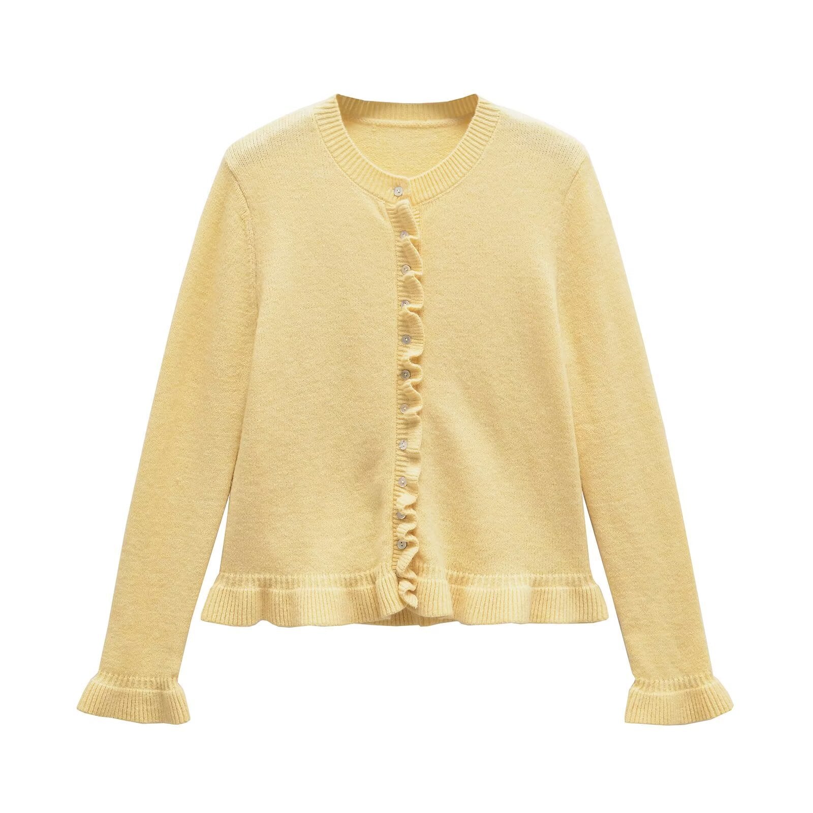 Damen Strickjacke mit dezentem Rüschendetail und hochwertigen Knopfverzierungen WW