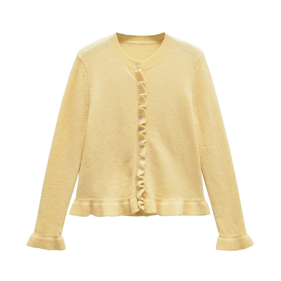 Damen Strickjacke mit dezentem Rüschendetail und hochwertigen Knopfverzierungen WW