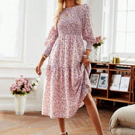 Damen florales Midi-Kleid mit geraffter Taille und langen Ärmeln WW