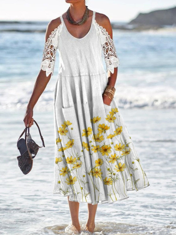 Damen Maxikleid mit eleganten Spitzenärmeln und floralem Muster WW