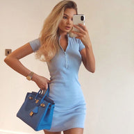 Damen figurbetontes Kleid mit Reißverschluss und kurzem Ärmel WW