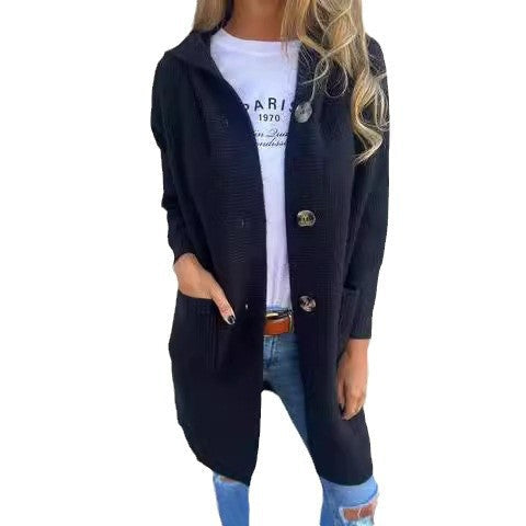 Damen Strickjacke mit Kapuze und Knöpfen W&W Mode