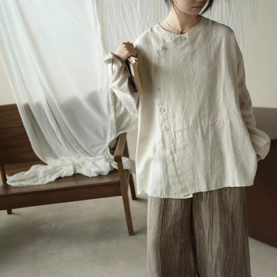 Damen Relaxed Fit Leinen Button-Up Top WW