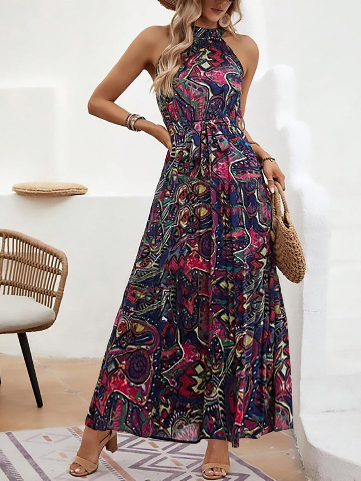 Damen Maxikleid im Boho-Stil mit elegantem Halterneck und seitlichem Bindegürtel W&W Mode