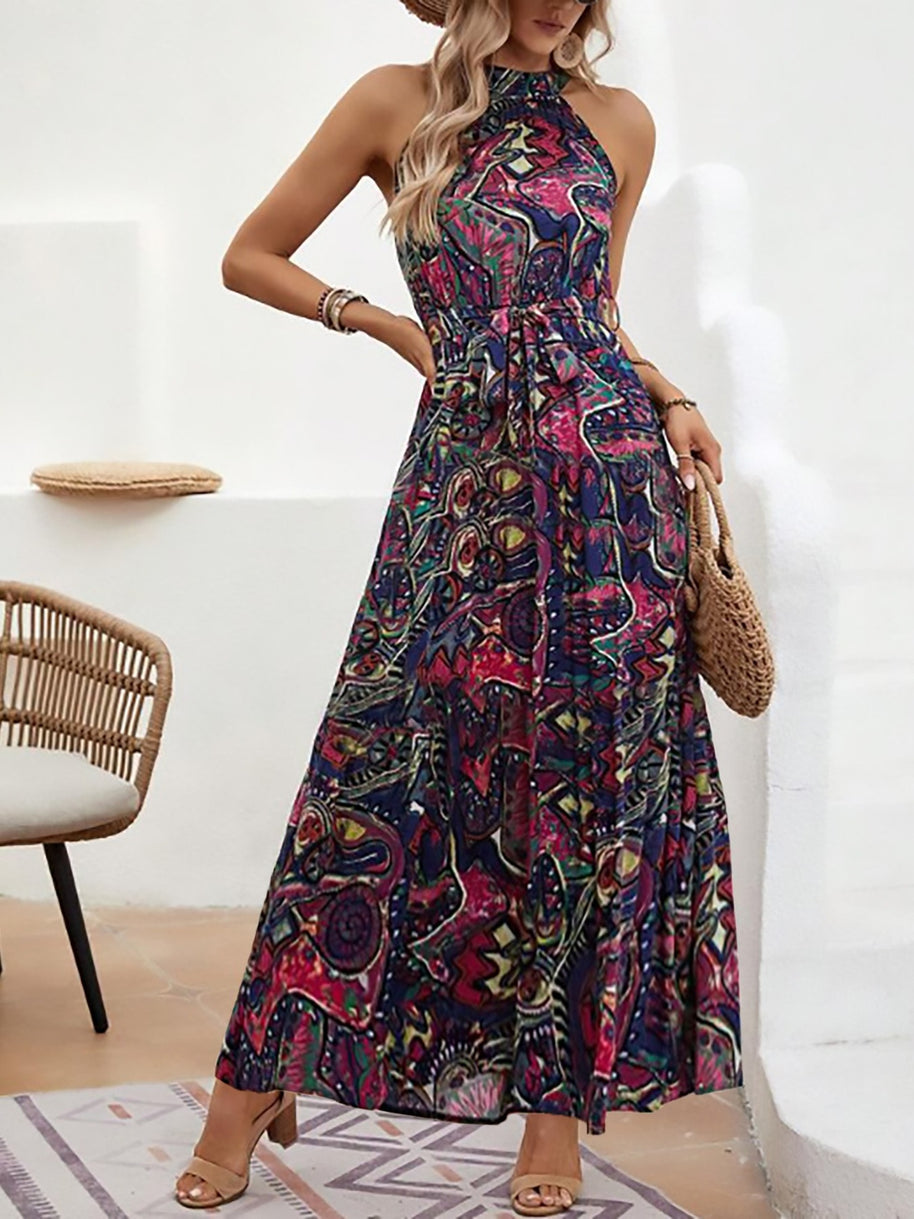 Damen Maxikleid im Boho-Stil mit elegantem Halterneck und seitlichem Bindegürtel WW