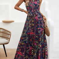 Damen Maxikleid im Boho-Stil mit elegantem Halterneck und seitlichem Bindegürtel WW