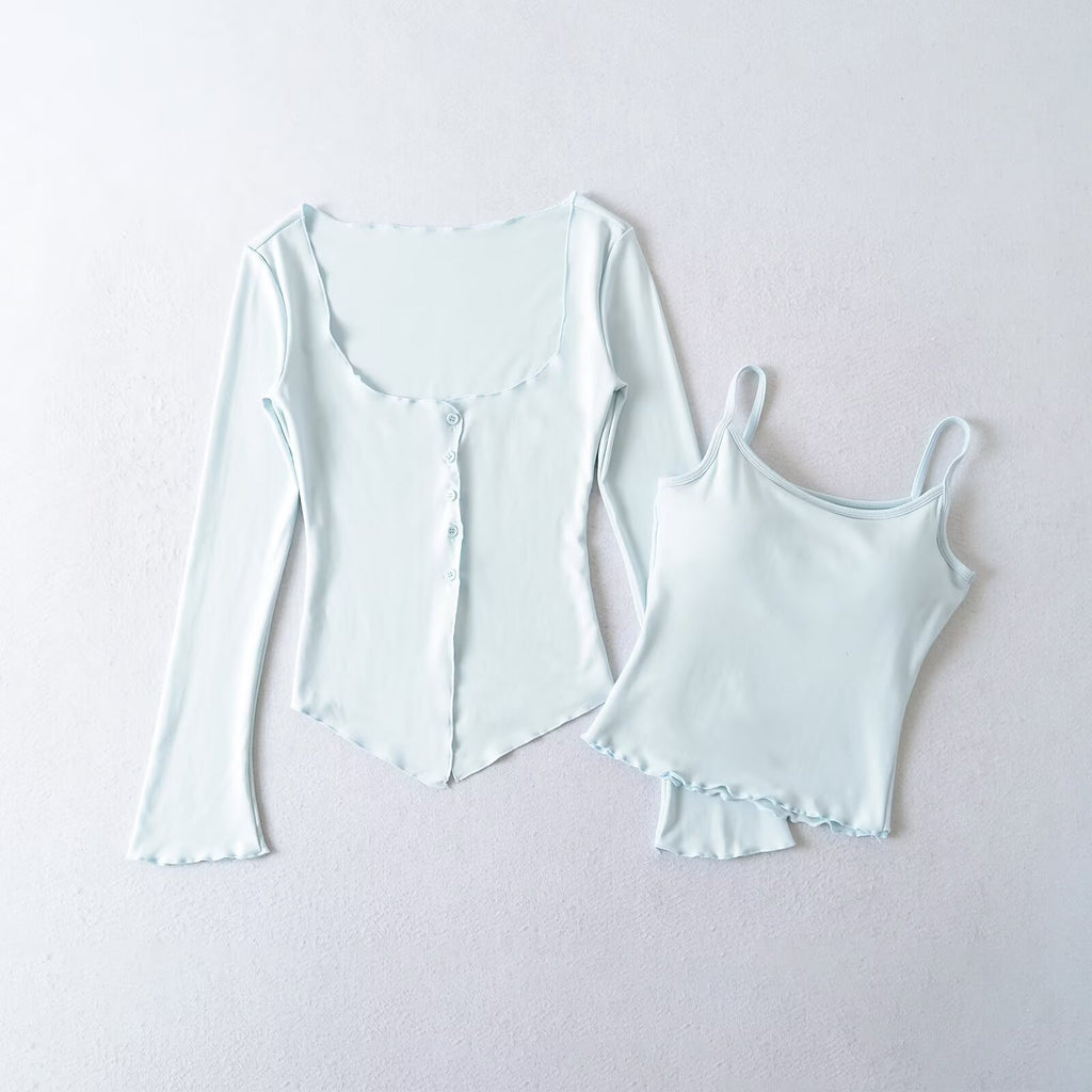 Damen Longsleeve Top mit Knopfleiste und eleganten Volants WW