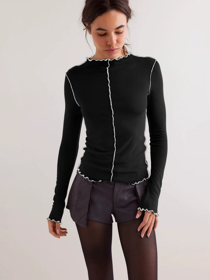 W&W Mode | Basic Bae Kontrastbesatz Mock Neck Langarm T-Shirt