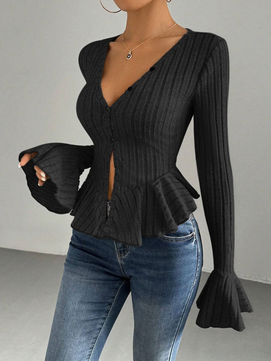 Damen Strickoberteil mit raffiniertem Kellerfalten-Design und Knopfleiste WW