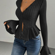 Damen Strickoberteil mit raffiniertem Kellerfalten-Design und Knopfleiste WW