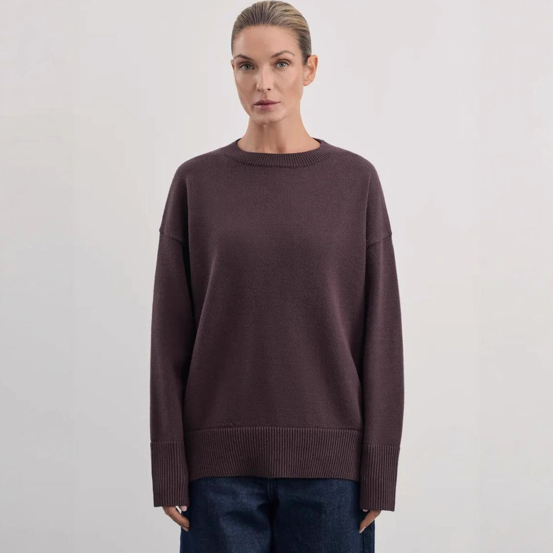 Damen Bequemer und eleganter Strickpullover mit überschnittenen Schultern und Rippenbündchen WW