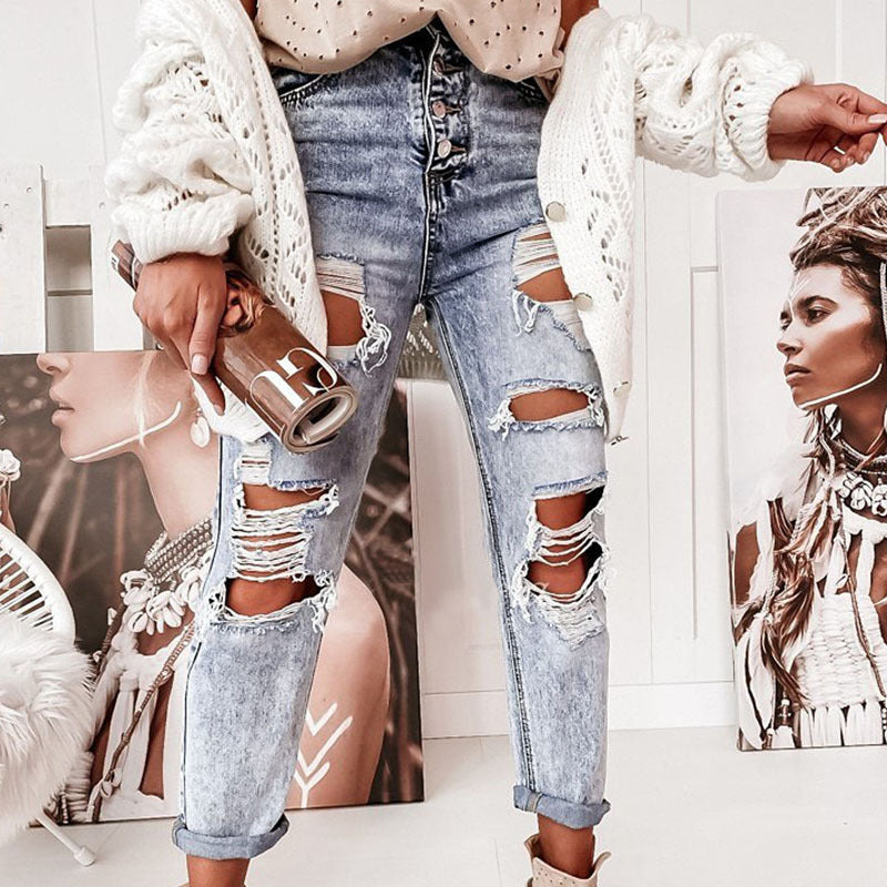 Damen Destroyed Boyfriend Jeans im lässigen Vintage-Stil mit hohem Bund WW