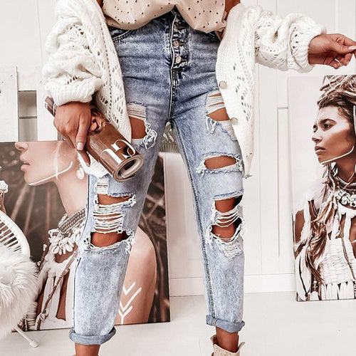 Damen Destroyed Boyfriend Jeans im lässigen Vintage-Stil mit hohem Bund WW