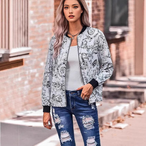 Damen Bomberjacke mit floralen Mustern und elastischen Bündchen WW