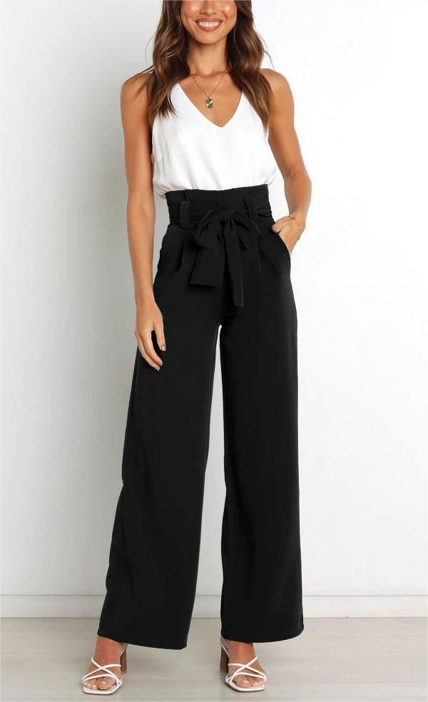 Damen elegante weite Stoffhose mit Taillengürtel W&W Mode