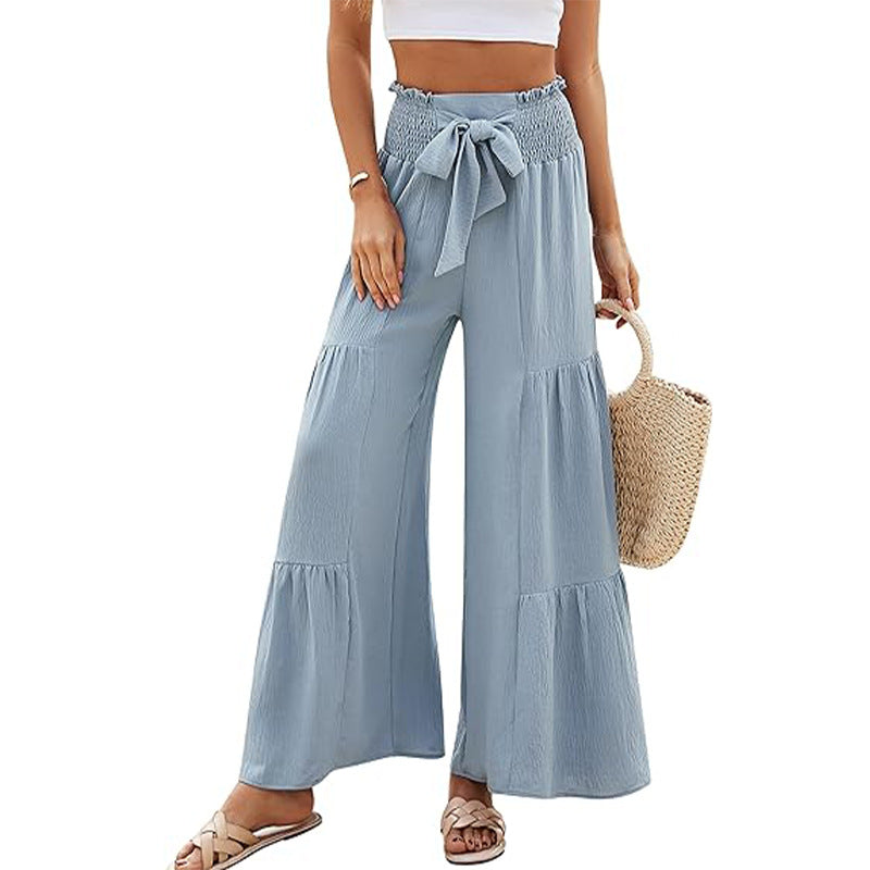 Damen sommerliche Palazzo-Hose mit elastischem Bund und dekorativem Bindegürtel WW