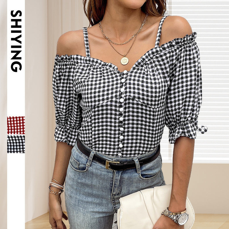 Damen Off-Shoulder Bluse mit Rüschendetails und Karomuster WW