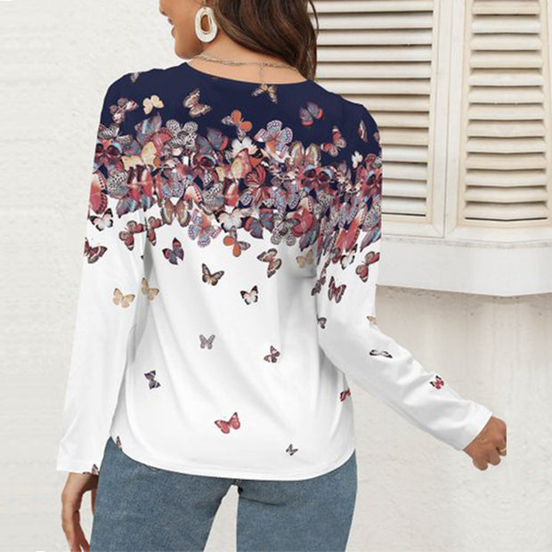 Damen Langarmshirt mit floralem Spitzen-V-Ausschnitt und elegantem Muster WW