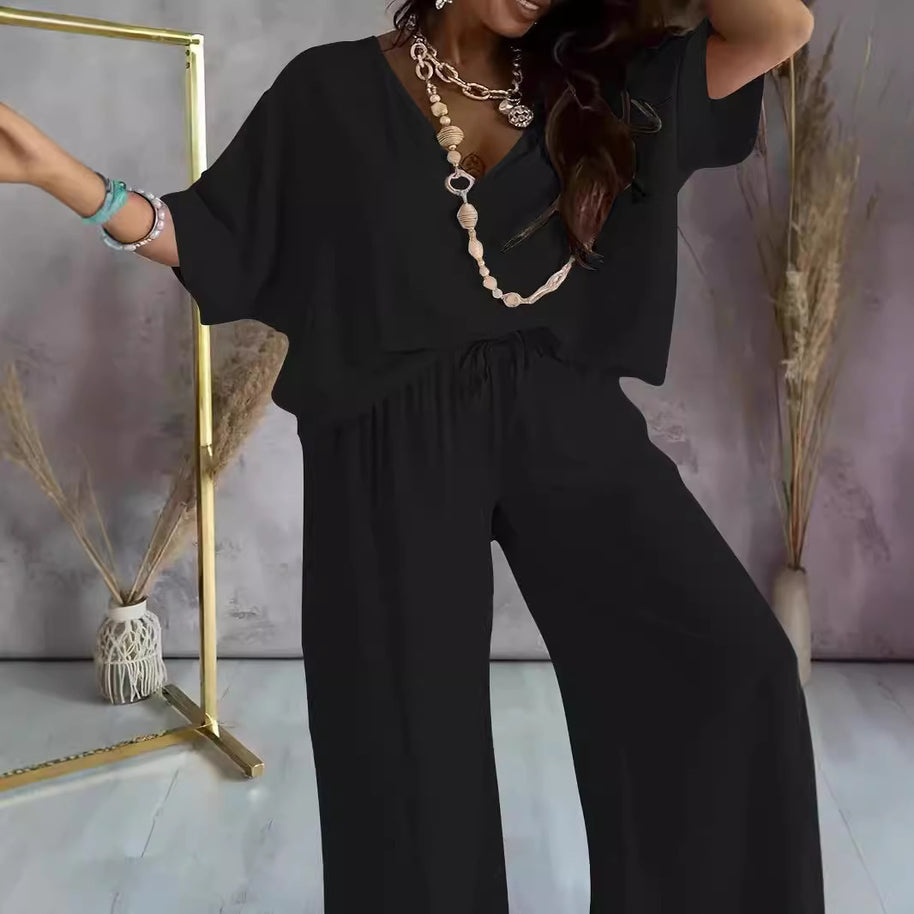 Damen eleganter Jumpsuit mit V-Ausschnitt und weitem Bein WW