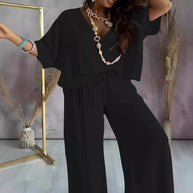 Damen eleganter Jumpsuit mit V-Ausschnitt und weitem Bein WW