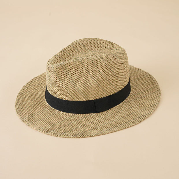 Damen Strand-Fedora-Hut aus atmungsaktivem Naturmaterial mit breiter Krempe und schickem Band WW