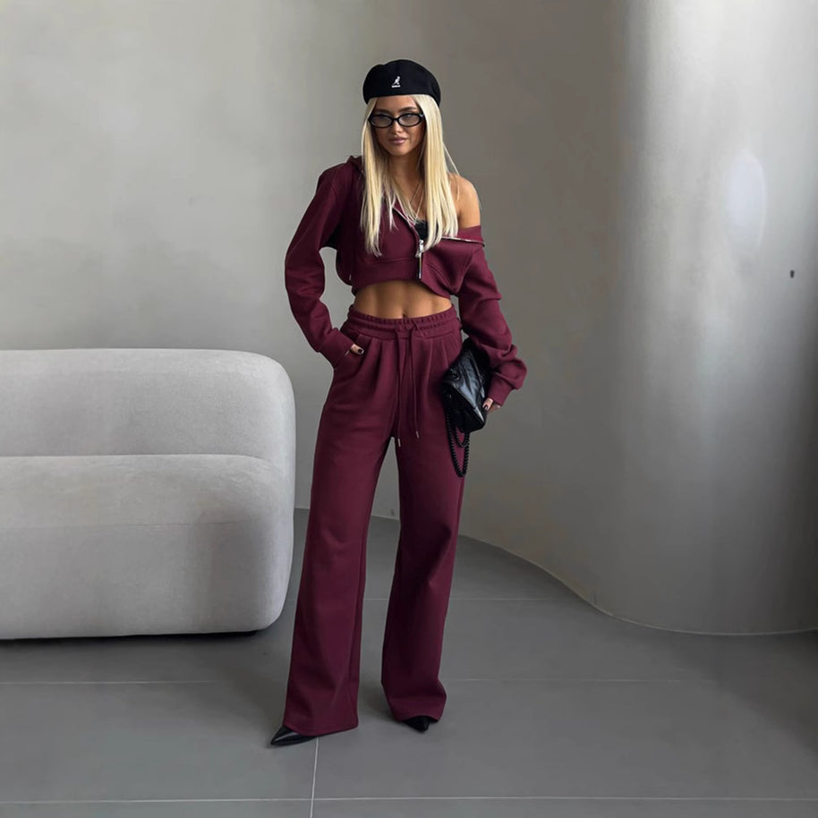 Damen sportliches Cropped Sweat-Set mit elastischem Bund und lässigem Schnitt WW