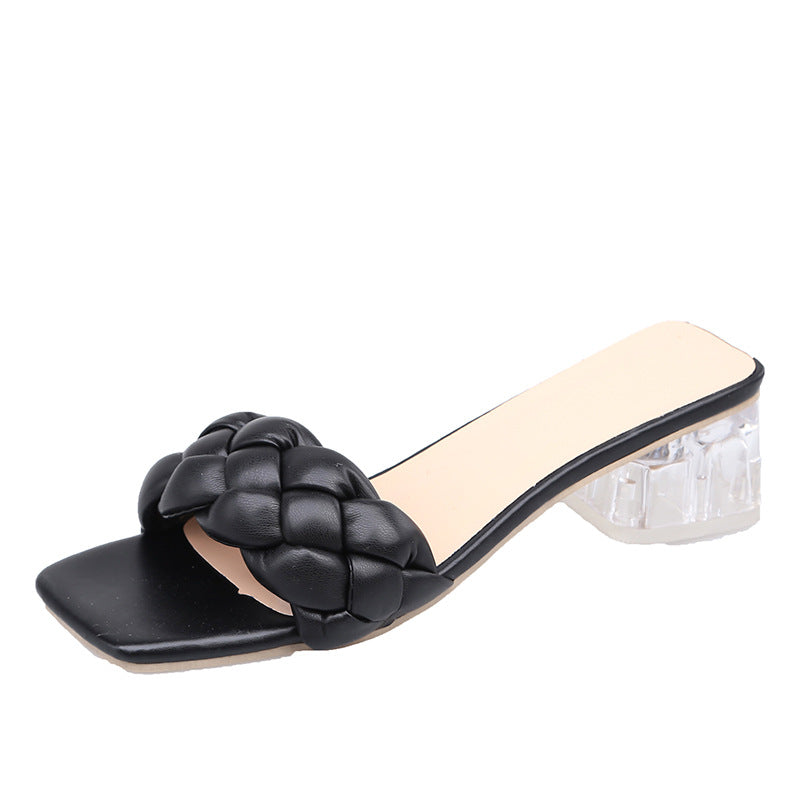 Damen Mules mit geflochtenem Riemen und transparentem Blockabsatz WW