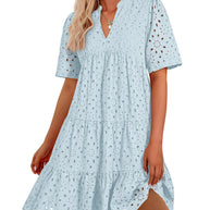 Damen luftiges Midikleid mit romantischem Lochmuster und V-Ausschnitt WW