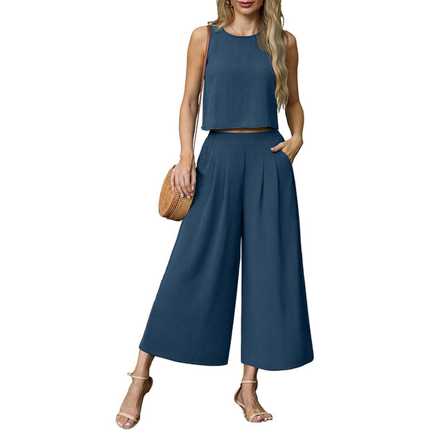 Damen luftiges Zweiteiler-Set mit weitem Hosenbein und ärmellosem Top WW
