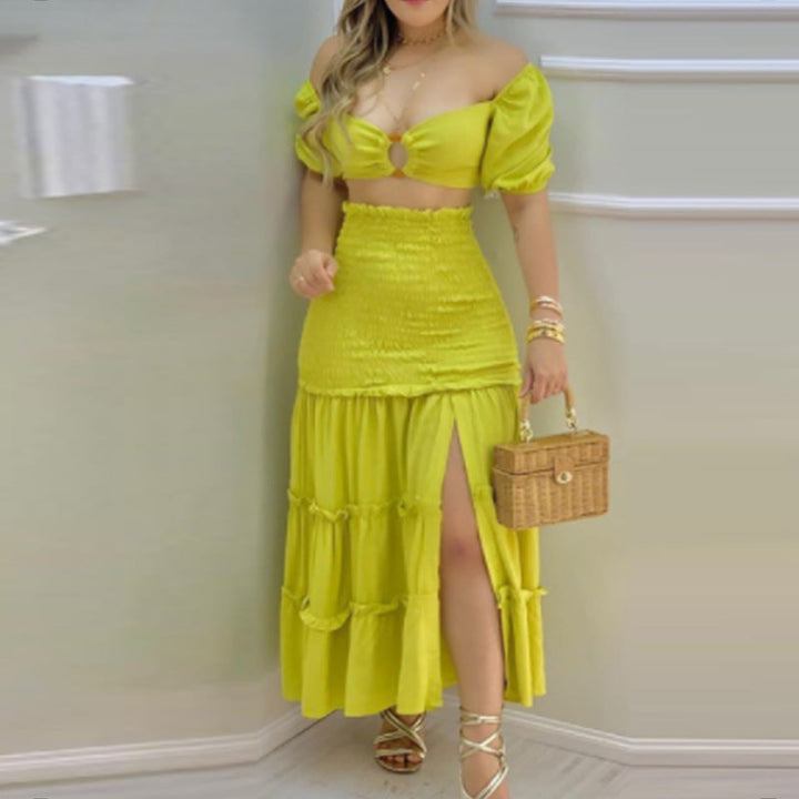 Damen Zweiteiler mit schulterfreiem Crop-Top und schwingendem Rock W&W Mode