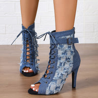 Damen Schnür-High-Heel-Sandalen mit offener Zehenpartie und stylischem Denim-Design WW