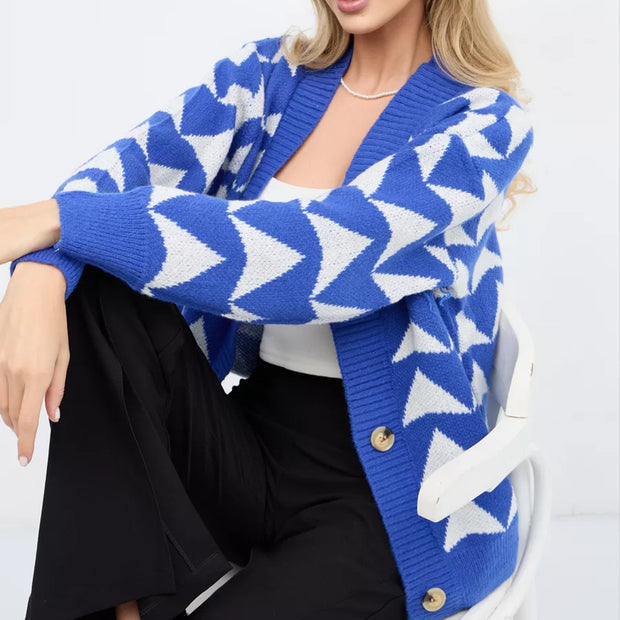 Damen Strickjacke mit geometrischem Muster und knöpfbarem Design WW