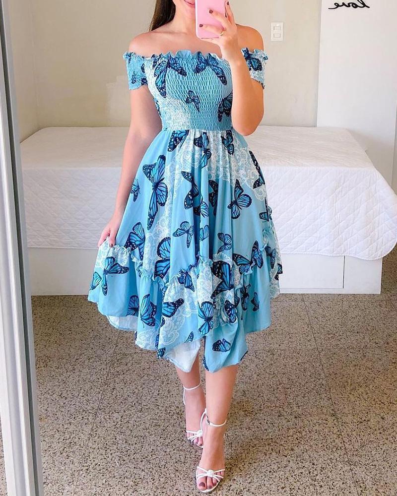 Damen Sommerliches Off-Shoulder Kleid mit farbenfrohem Schmetterlingsmuster und geschmeidigem Faltenwurf W&W Mode