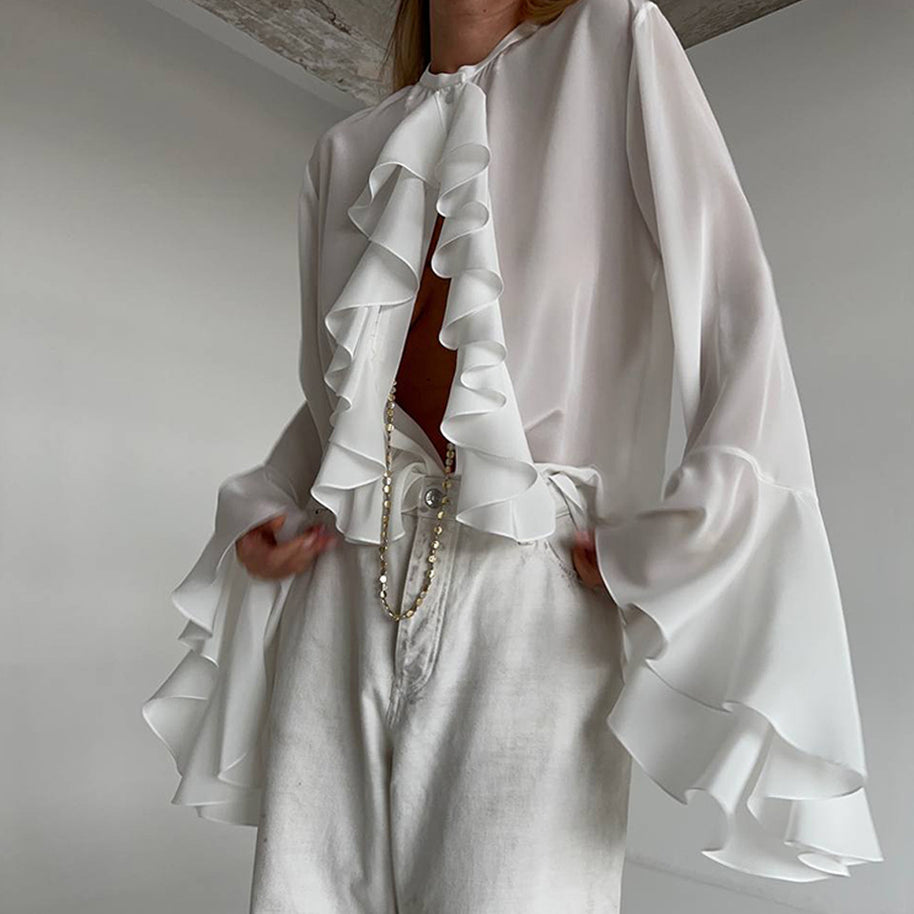 Damen Rüschenshirt mit weit ausgestellten Ärmeln WW