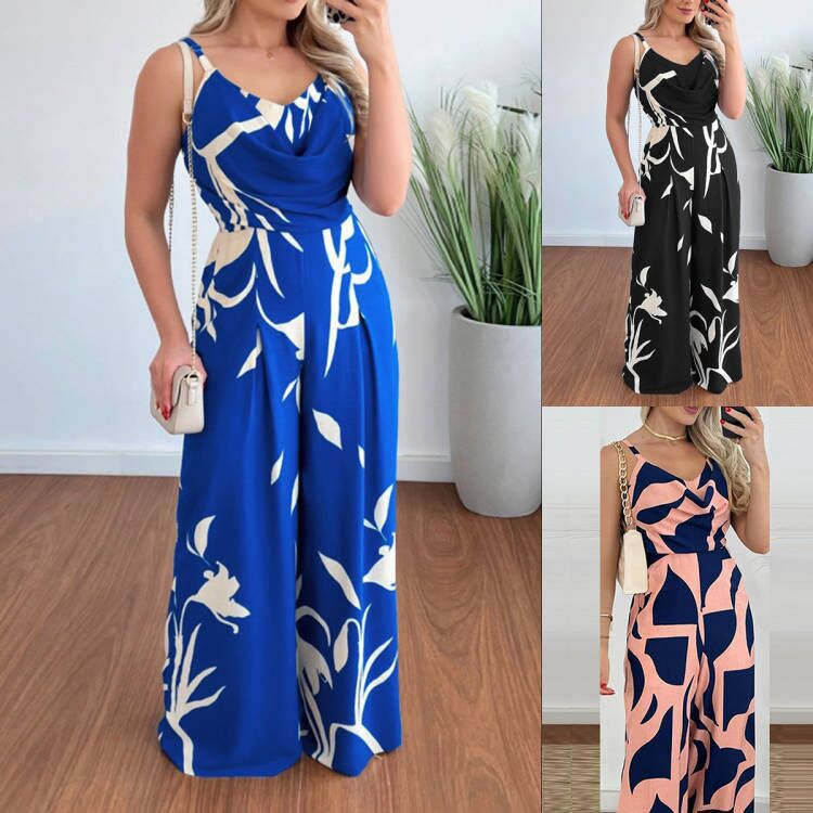 Damen Eleganter Jumpsuit mit fließendem Stoff und modischem Blumenmuster WW