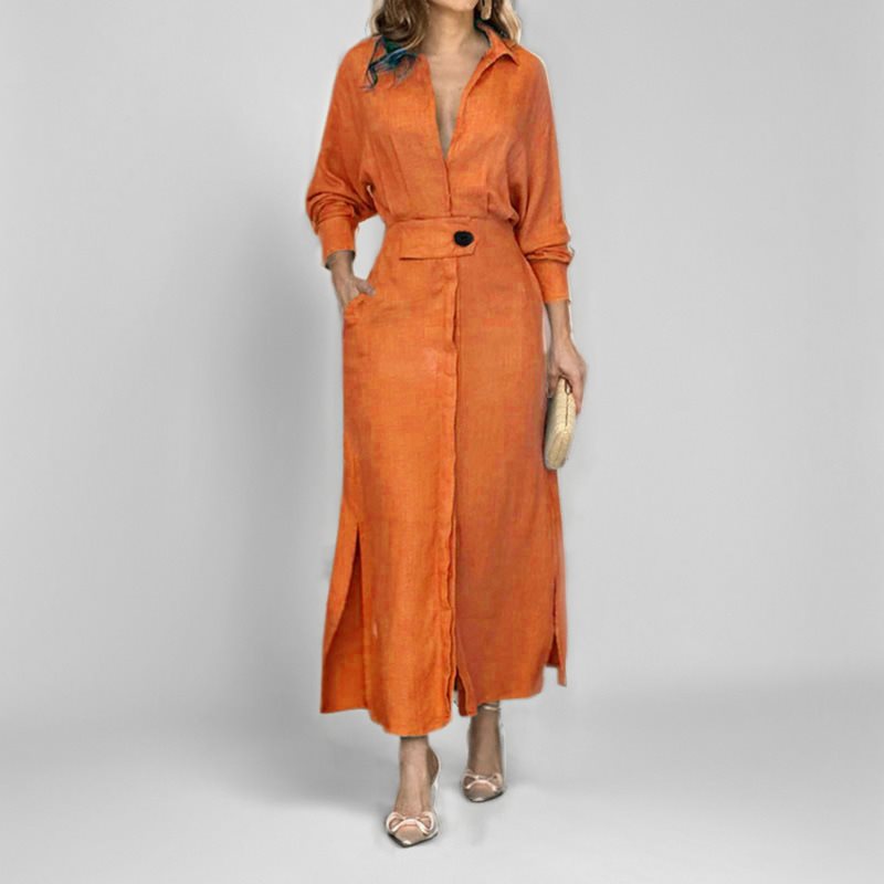 Damen stilvolles Maxikleid mit Hemdkragen und seitlichen Schlitzdetails WW