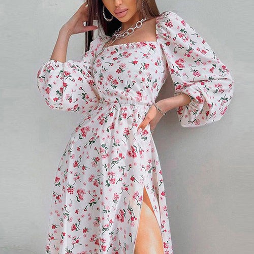 Damen Maxikleid mit elastischen Puffärmeln und sexy Schlitz W&W Mode