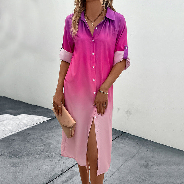 Damen Midi-Kleid mit modernem Farbverlauf und elegantem Hemdkragen W&W Mode